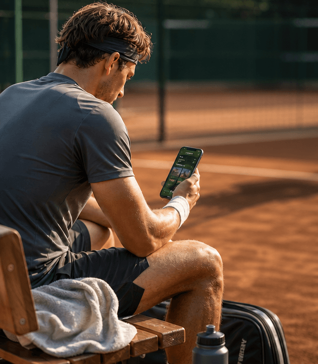 A player reviewing their TennisRX report courtside after a match